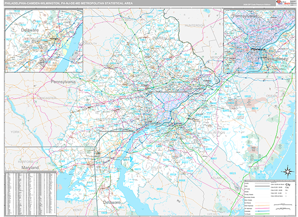 Philadelphia-Camden-Wilmington Metro Area Wall Map Premium Style